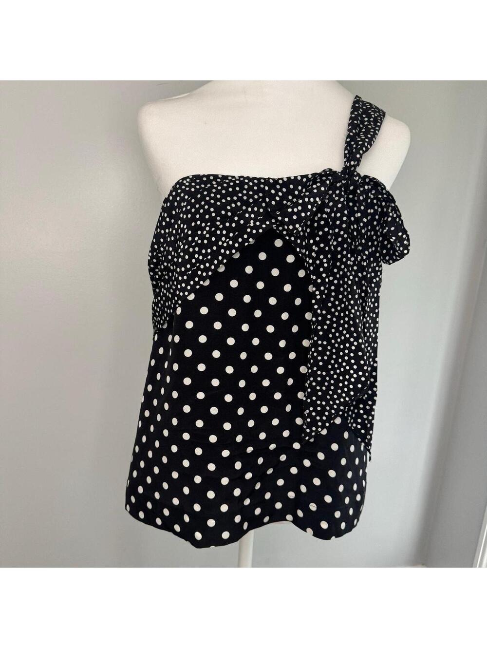 J. Crew 100% SILK size 8 one shoulder tank blouse polka dot bow ruffle